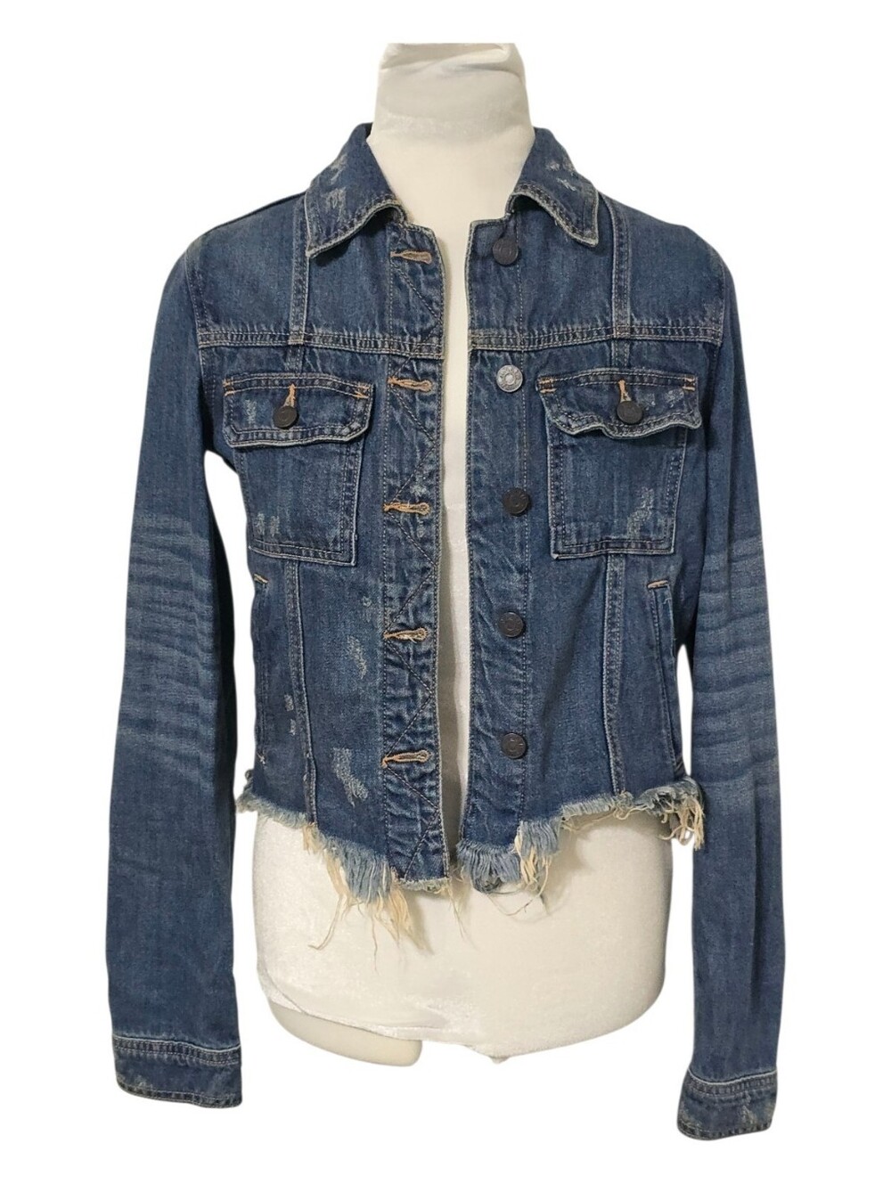 Hidden Distressed Cropped Fitted Denim Jacket Sz XS Frayed Thrashed Indie Sleaze